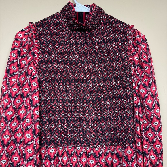 Alice + Olivia Elvira Tiered Long Sleeve Smocked Mini Dress in Red/Black Size 4 - Picture 7 of 16